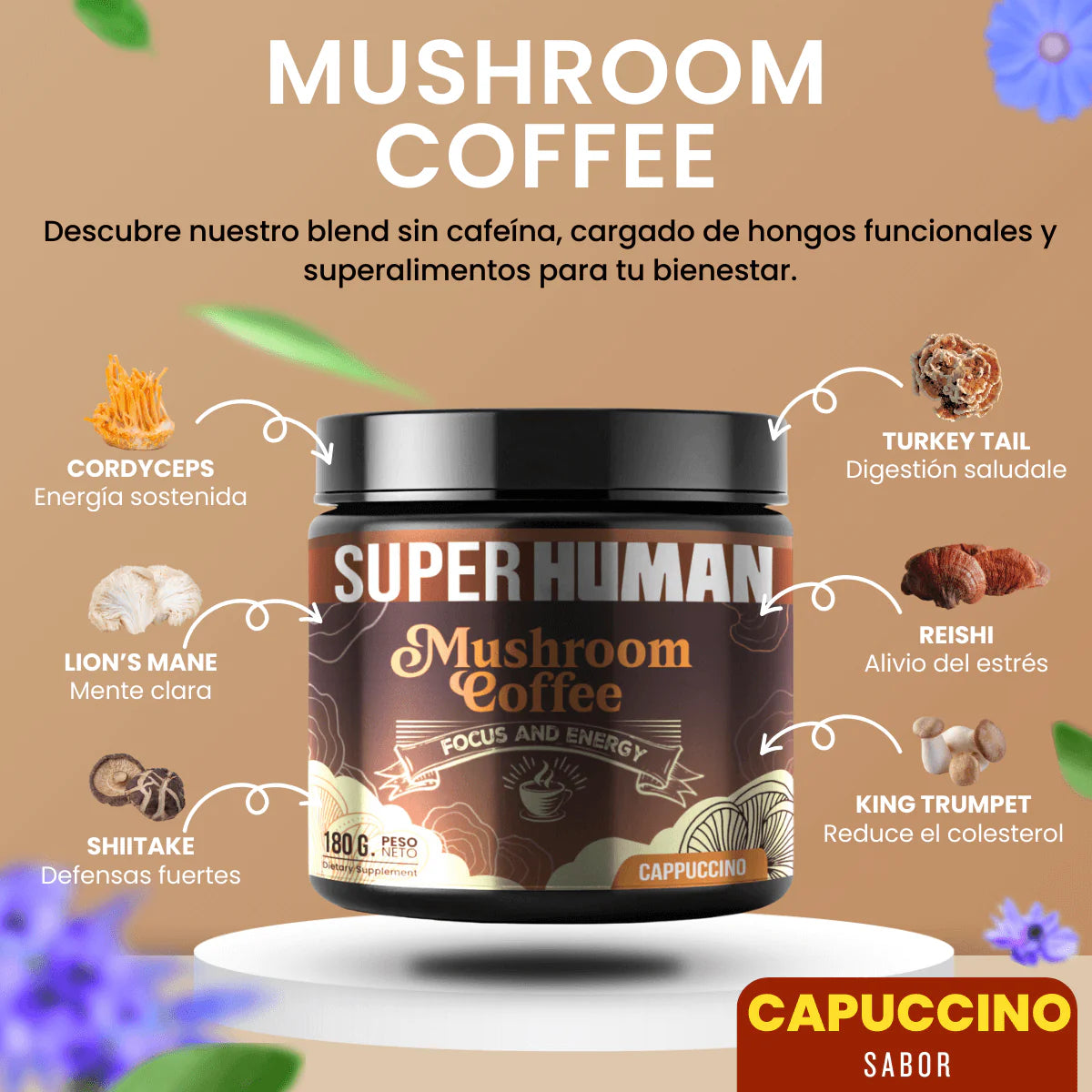 Mushroom Coffee - Café Instantáneo con 6 Hongos Funcionales Súper Alimentos (180 Gramos / 30 Porciones)